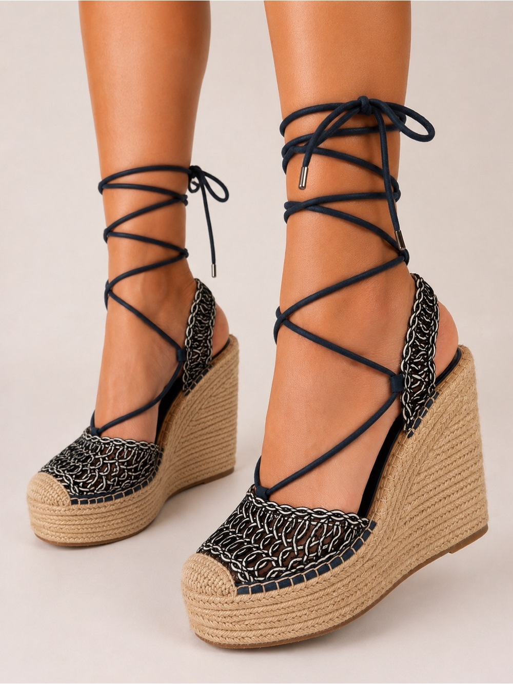 GIANNI BINI Lace Up Espadrille Wedge Sandals Navy Cream Women’s Size 9